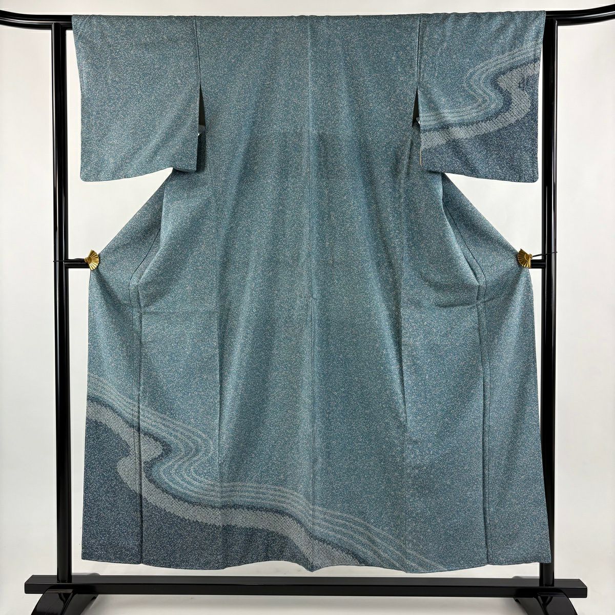【美品】 付下 身長153.5cm 袖長62cm S 雙層 紬織織 流水 絞染 青灰 純蠶絲 秀品級