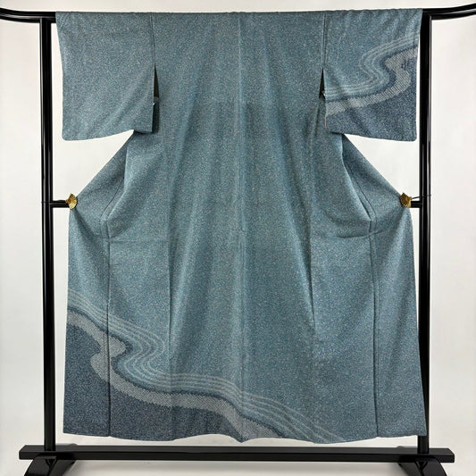 【美品】 付下 身長153.5cm 袖長62cm S 雙層 紬織織 流水 絞染 青灰 純蠶絲 秀品級