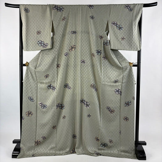小紋 身長175.5cm 袖長68.5cm L 雙層 巴齊梅花 灰綠 純蠶絲 秀品級