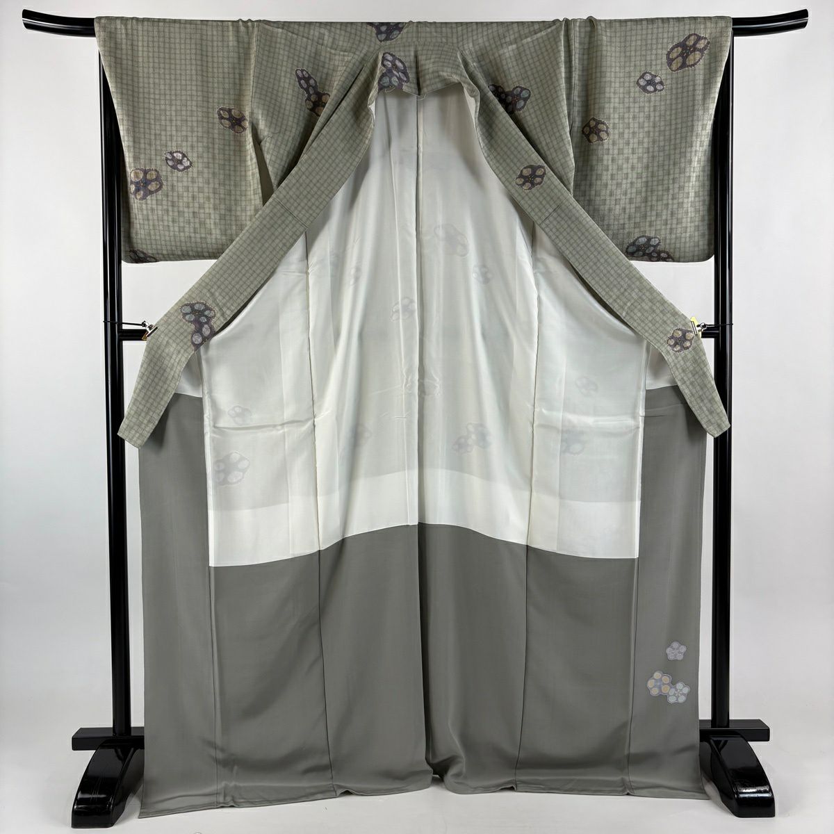 小紋 身長175.5cm 袖長68.5cm L 雙層 巴齊梅花 灰綠 純蠶絲 秀品級
