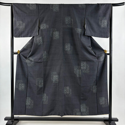 紬織 身長154.5cm 袖長65cm M 雙層 證書在側 幾何圖案 墨 黑 純蠶絲 優品級