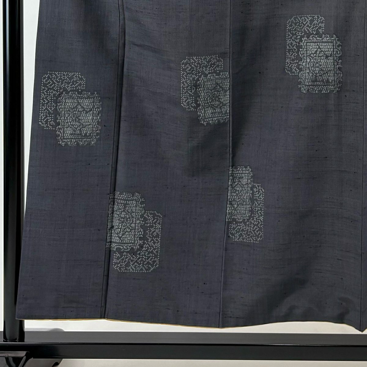 紬織 身長154.5cm 袖長65cm M 雙層 證書在側 幾何圖案 墨 黑 純蠶絲 優品級