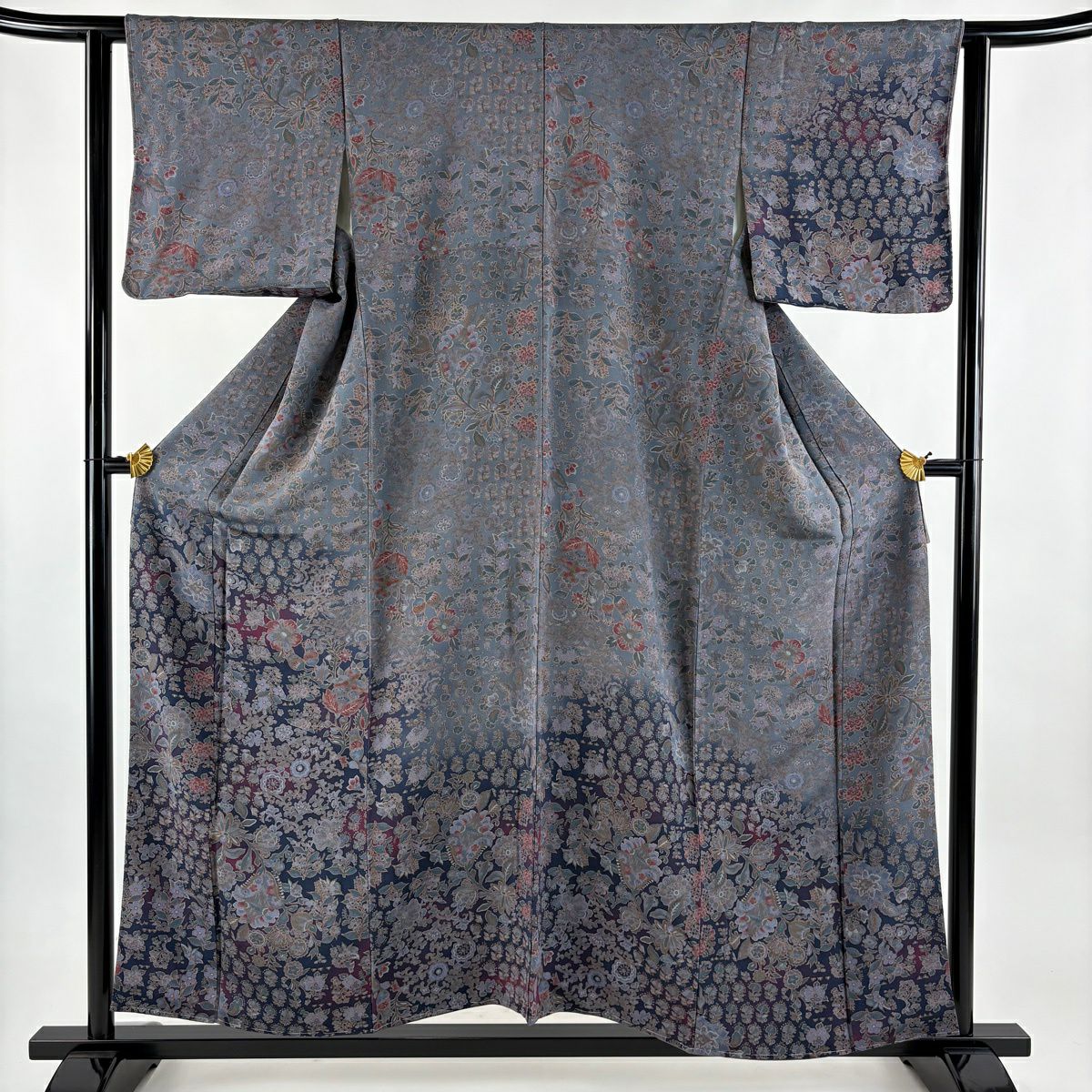 付下 身長155cm 袖長60.5cm S 雙層 草花紋紋 漸層 灰紫 純蠶絲 優品級