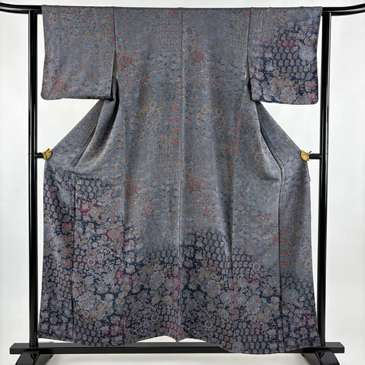 付下 身長155cm 袖長60.5cm S 雙層 草花紋紋 漸層 灰紫 純蠶絲 優品級