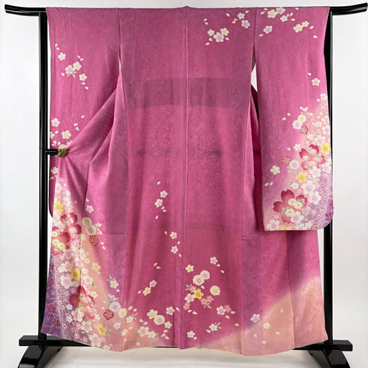 【美品】振袖禮服 身長159.5cm 袖長65cm M 雙層 櫻花 地紋 漸層 金彩裝飾 粉紅 純蠶絲 優品級