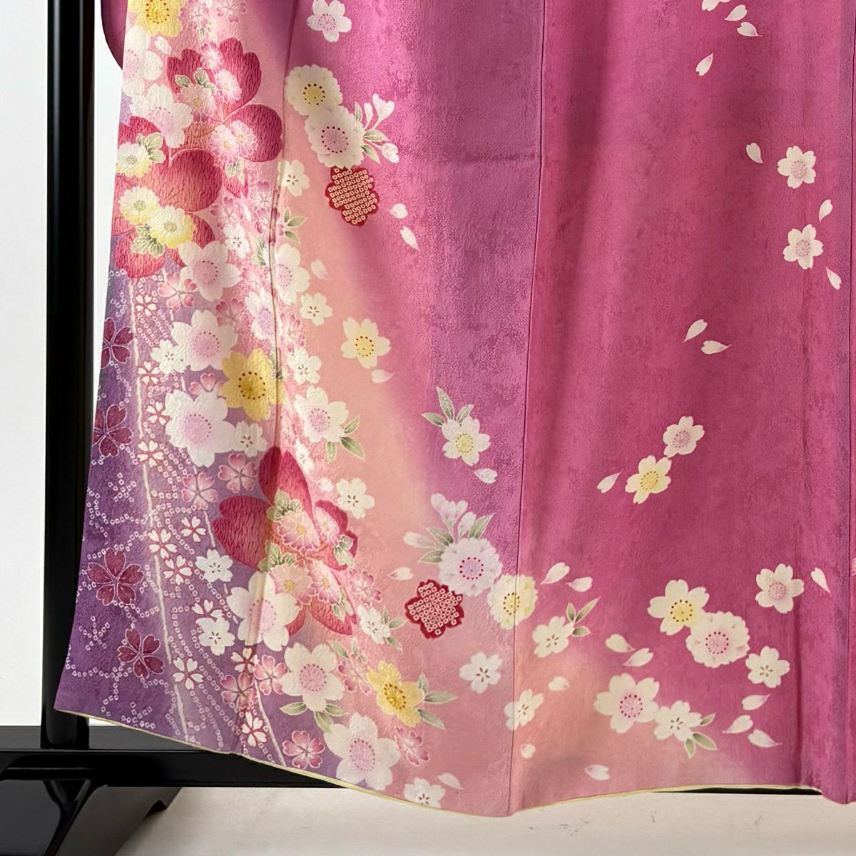 【美品】振袖禮服 身長159.5cm 袖長65cm M 雙層 櫻花 地紋 漸層 金彩裝飾 粉紅 純蠶絲 優品級