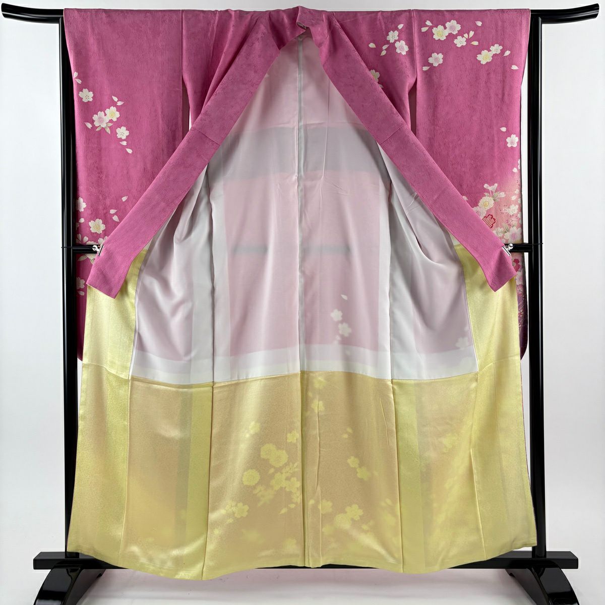 【美品】振袖禮服 身長159.5cm 袖長65cm M 雙層 櫻花 地紋 漸層 金彩裝飾 粉紅 純蠶絲 優品級