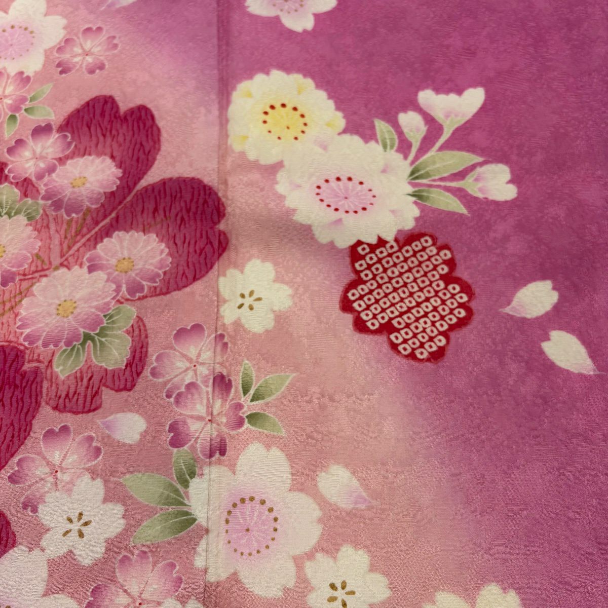 【美品】振袖禮服 身長159.5cm 袖長65cm M 雙層 櫻花 地紋 漸層 金彩裝飾 粉紅 純蠶絲 優品級
