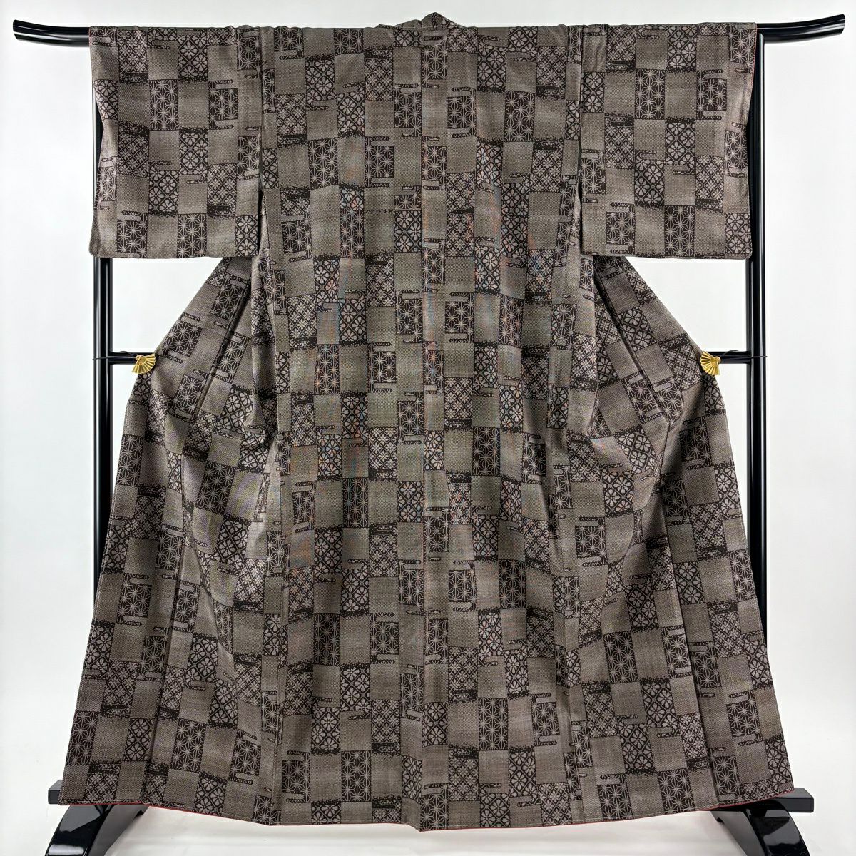 【美品】 紬織 身長163cm 袖長67cm M 雙層 麻葉花 焦茶 純蠶絲 秀品級