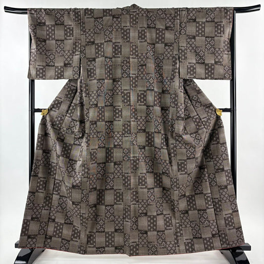 【美品】 紬織 身長163cm 袖長67cm M 雙層 麻葉花 焦茶 純蠶絲 秀品級