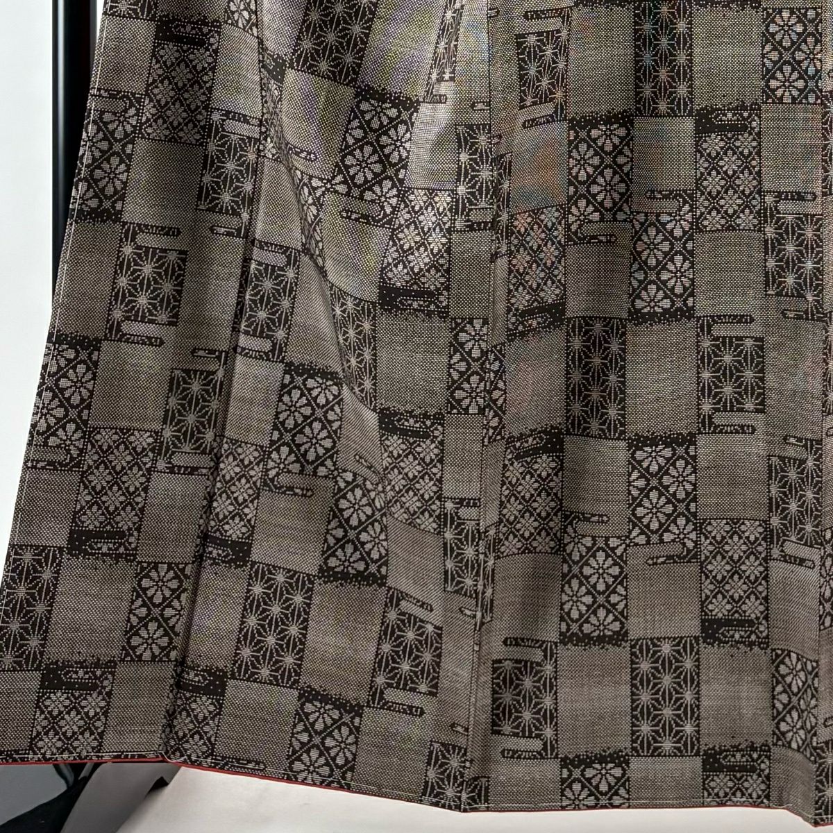 【美品】 紬織 身長163cm 袖長67cm M 雙層 麻葉花 焦茶 純蠶絲 秀品級