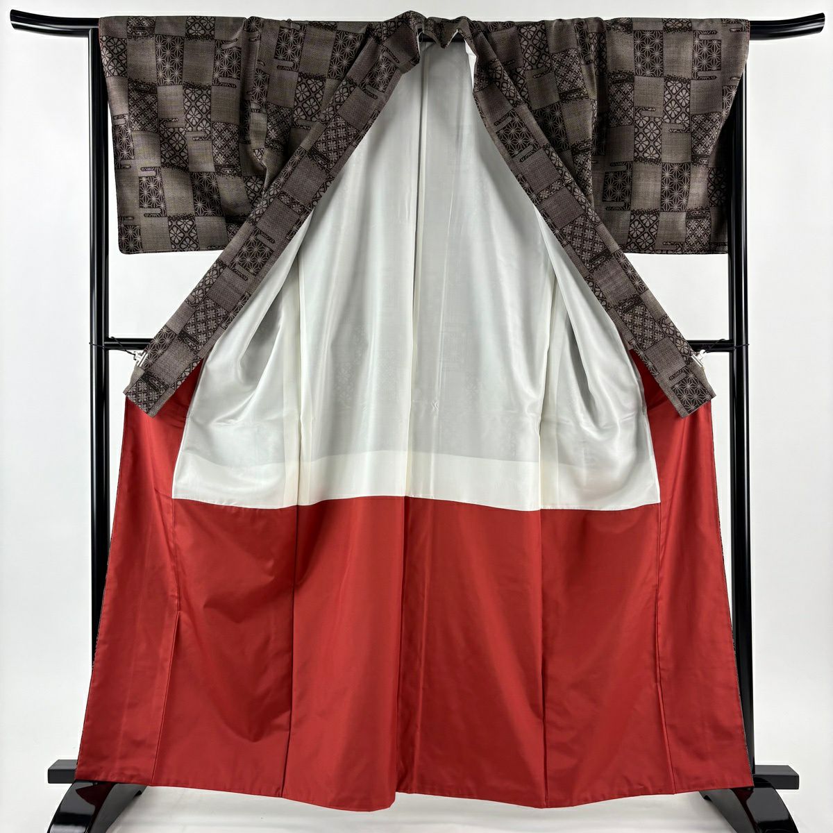 【美品】 紬織 身長163cm 袖長67cm M 雙層 麻葉花 焦茶 純蠶絲 秀品級