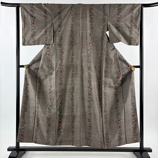 【美品】 紬織 身長154.5cm 袖長63.5cm S 雙層 草花紋 茶 純蠶絲 秀品級