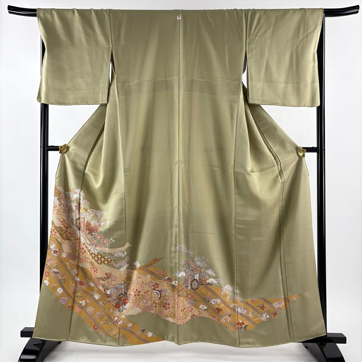 色留袖禮服 身長161cm 袖長68.5cm L 雙層 御所車 松樹竹子梅花 金銀彩 金絲 灰綠 純蠶絲 秀品級 一つ紋
