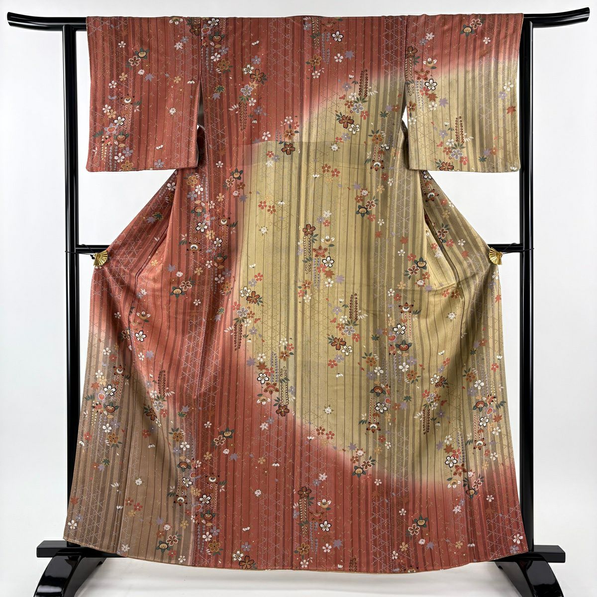 訪問服 身長161.5cm 袖長62.5cm S 雙層 櫻花 縞紋 金彩裝飾 漸層 紅茶 純蠶絲 優品級
