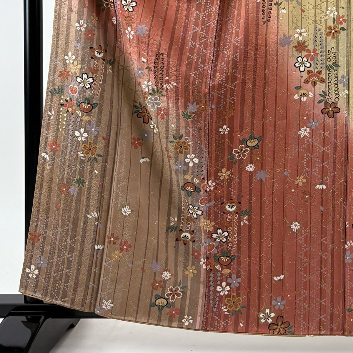 訪問服 身長161.5cm 袖長62.5cm S 雙層 櫻花 縞紋 金彩裝飾 漸層 紅茶 純蠶絲 優品級
