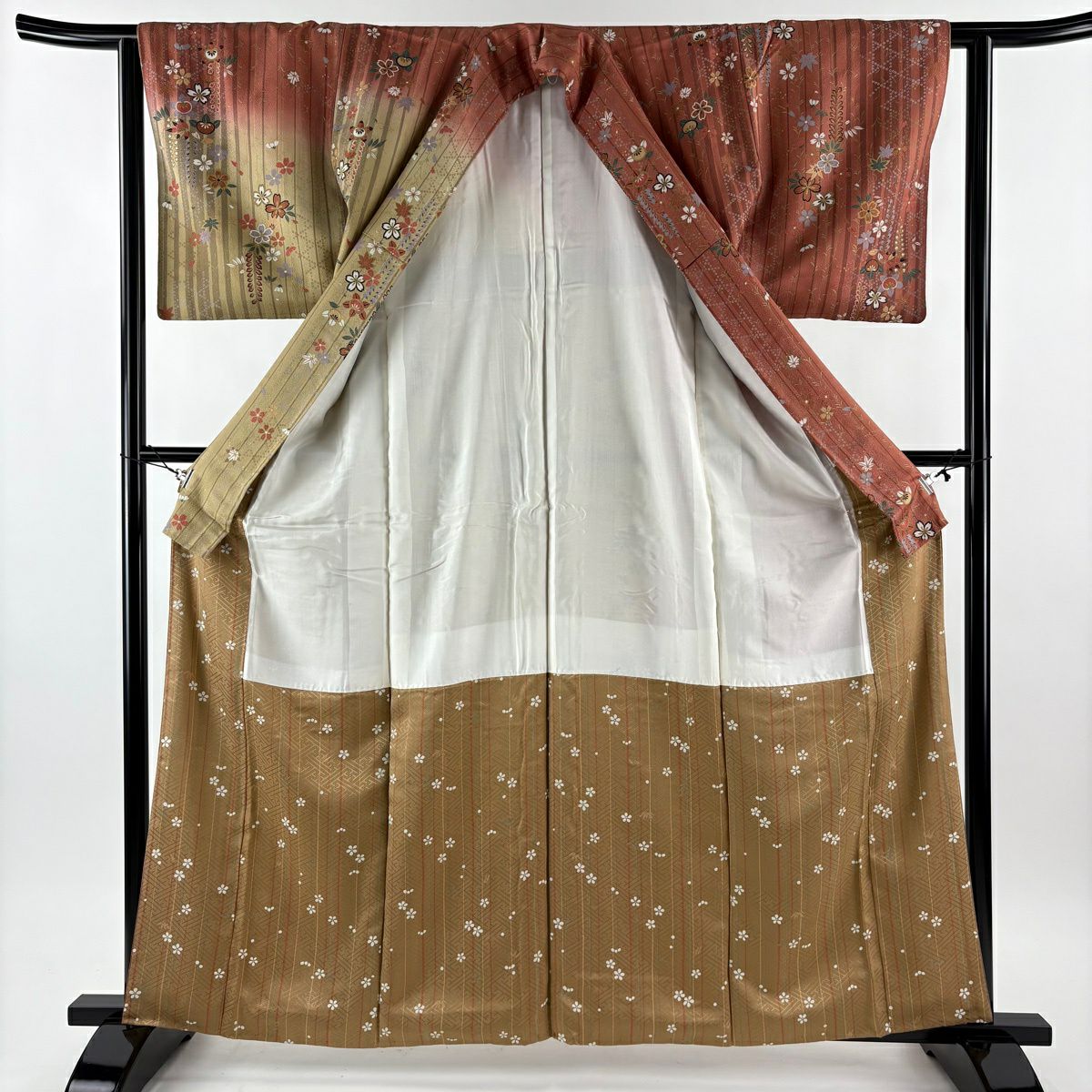 訪問服 身長161.5cm 袖長62.5cm S 雙層 櫻花 縞紋 金彩裝飾 漸層 紅茶 純蠶絲 優品級