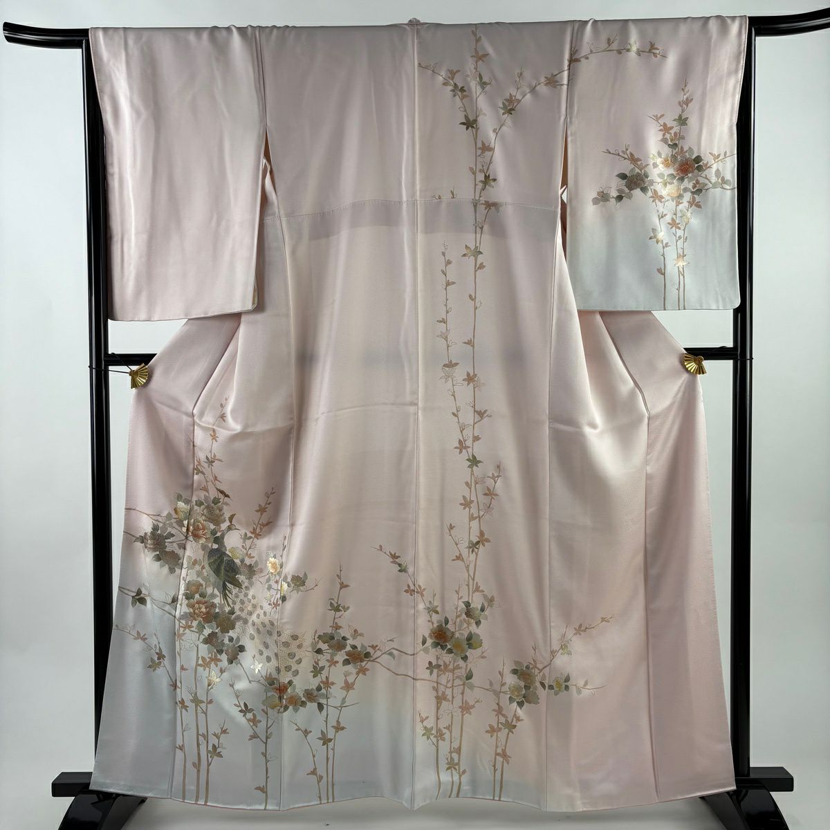訪問服 身長160.5cm 袖長66cm M 雙層 孔雀 牡丹 金銀彩 染分 薄粉紅 純蠶絲 秀品級