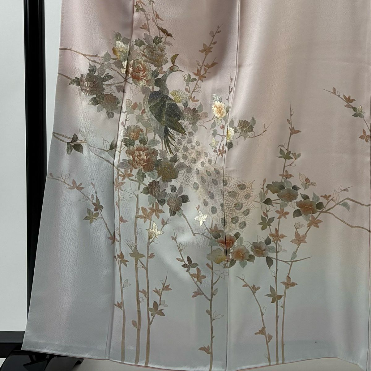 訪問服 身長160.5cm 袖長66cm M 雙層 孔雀 牡丹 金銀彩 染分 薄粉紅 純蠶絲 秀品級