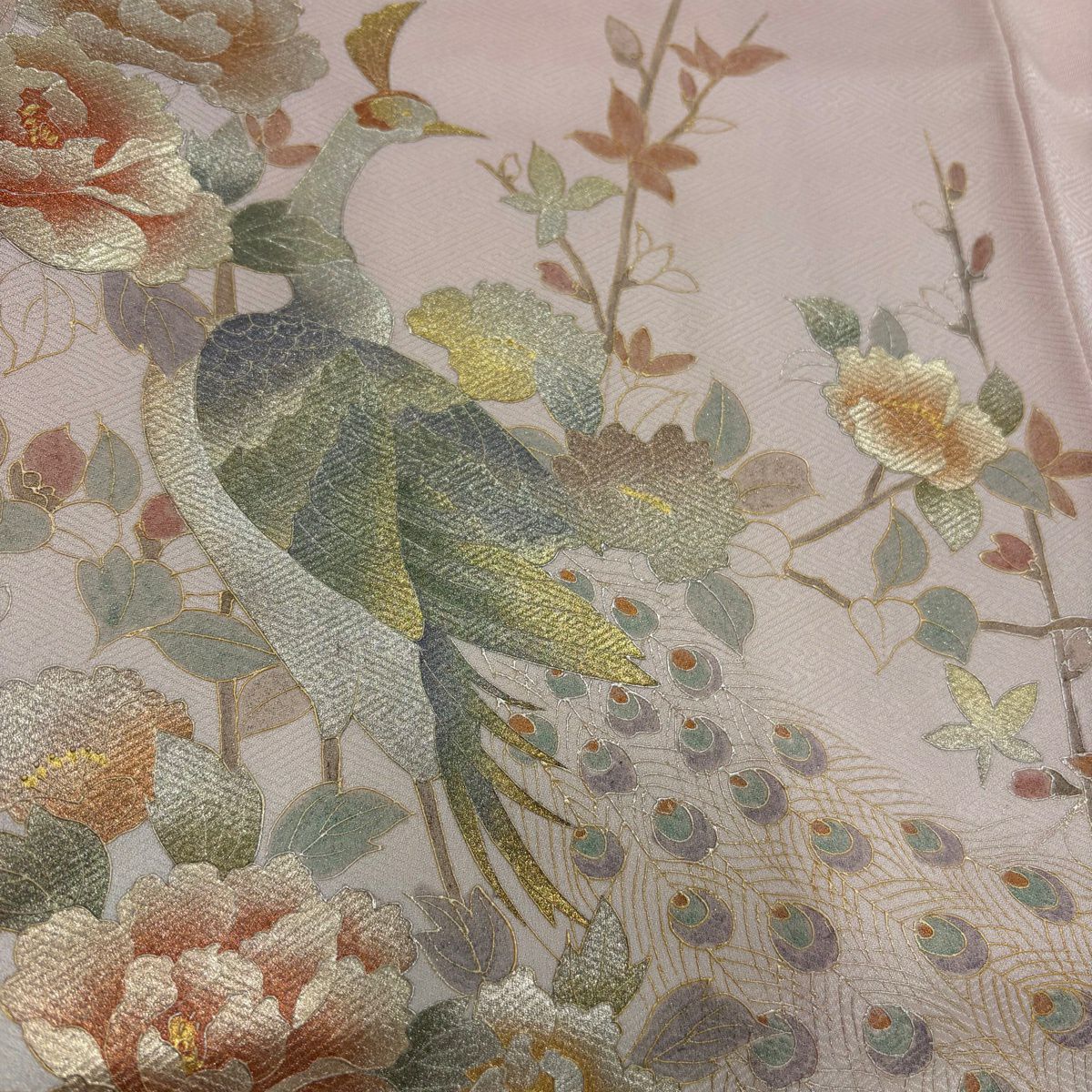 訪問服 身長160.5cm 袖長66cm M 雙層 孔雀 牡丹 金銀彩 染分 薄粉紅 純蠶絲 秀品級