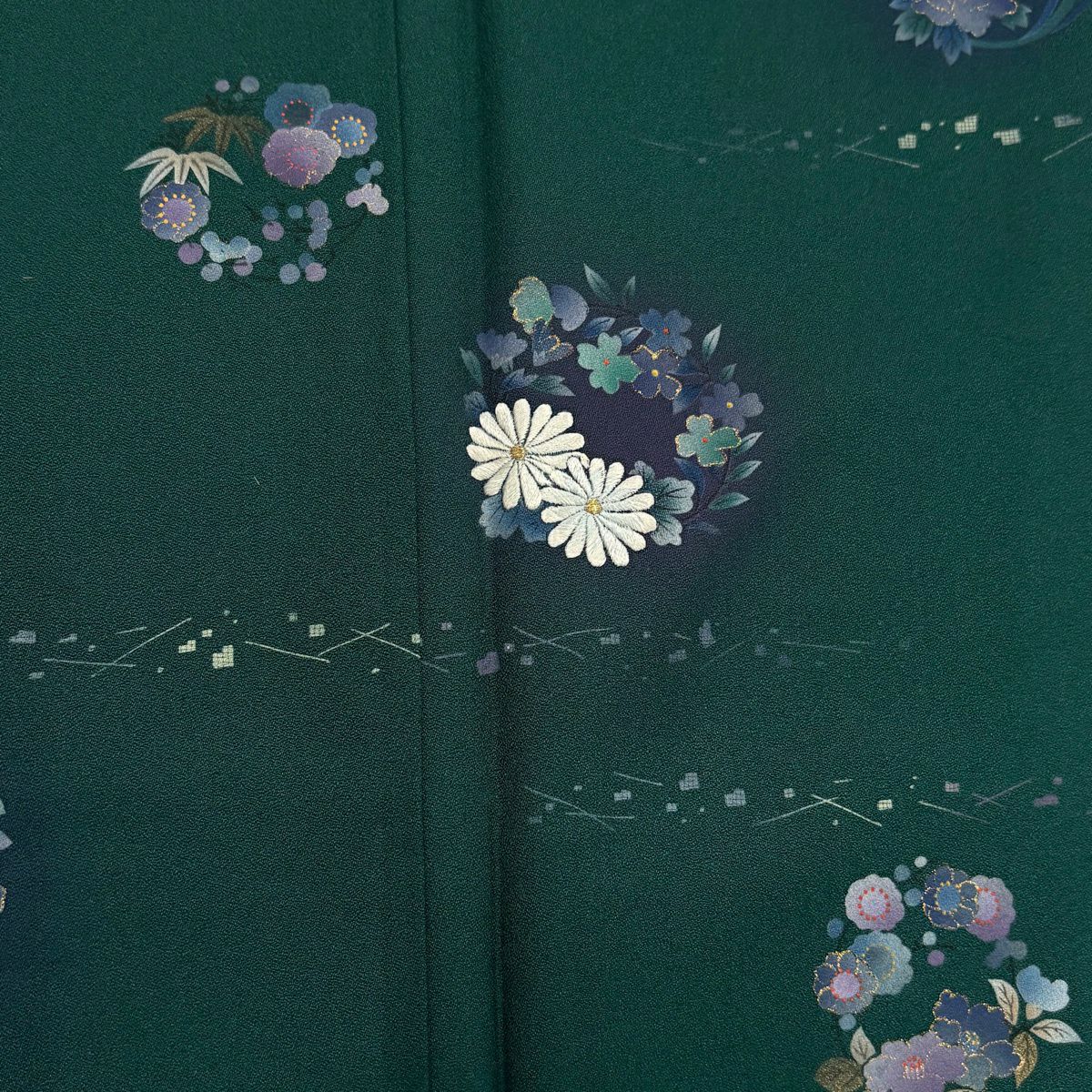 付下 身長152.5cm 袖長63cm S 雙層 花丸紋 菊花 刺繡 金絲 綠 純蠶絲 優品級