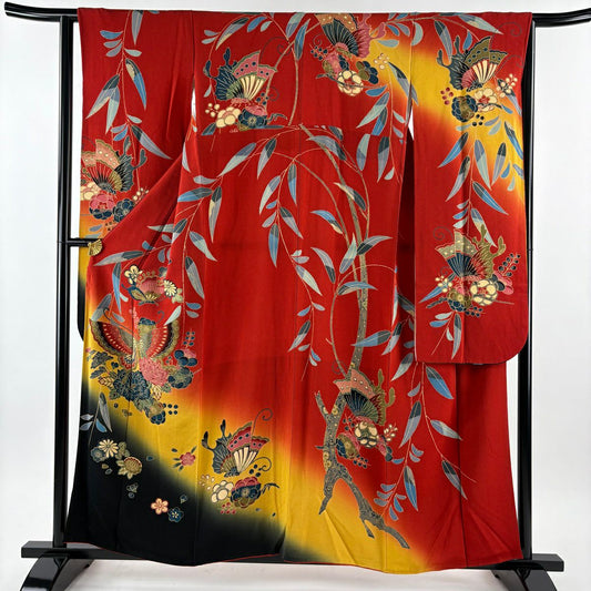 振袖禮服 身長157.5cm 袖長64cm M 雙層 蝶 草花紋紋 染分 縮緬 朱 純蠶絲 秀品級