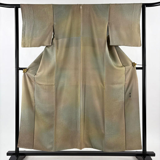 【美品】 小紋 身長154cm 袖長62cm S 雙層 落款あり 地紋 漸變圖案 淺茶 純蠶絲 優品級 一つ紋