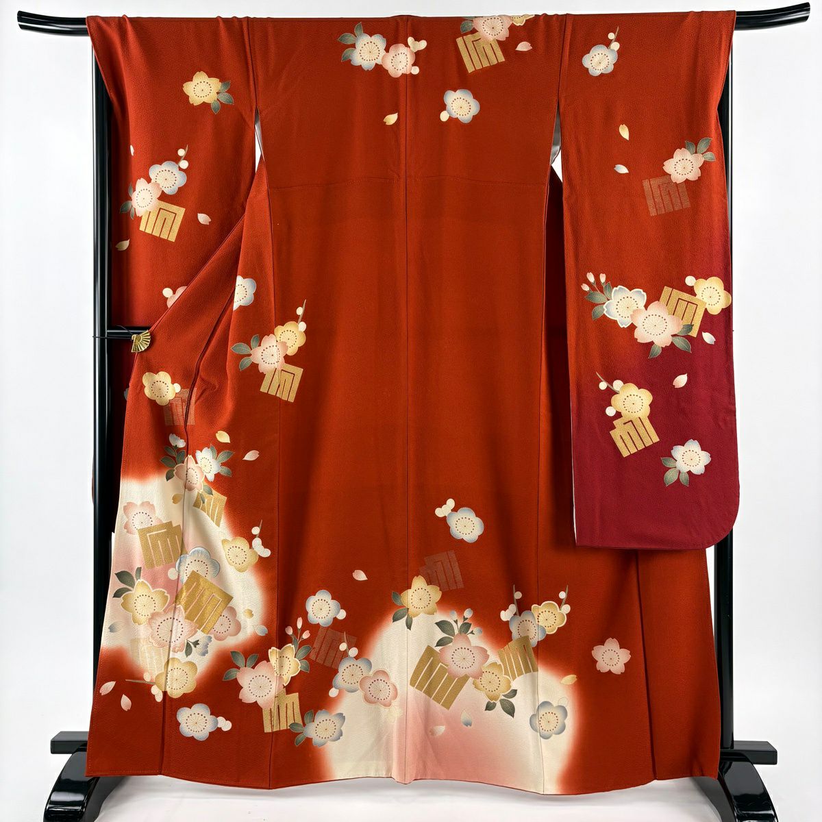 振袖禮服 身長164cm 袖長69cm L 雙層 櫻花 源氏香 刺繡 金絲 茜 純蠶絲 秀品級