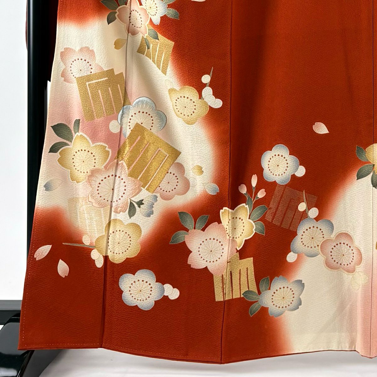 振袖禮服 身長164cm 袖長69cm L 雙層 櫻花 源氏香 刺繡 金絲 茜 純蠶絲 秀品級