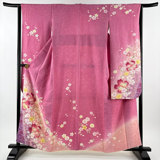 振袖禮服 身長160cm 袖長63.5cm S 雙層 櫻花 疋田 金銀彩 漸層 粉紅 純蠶絲 優品級