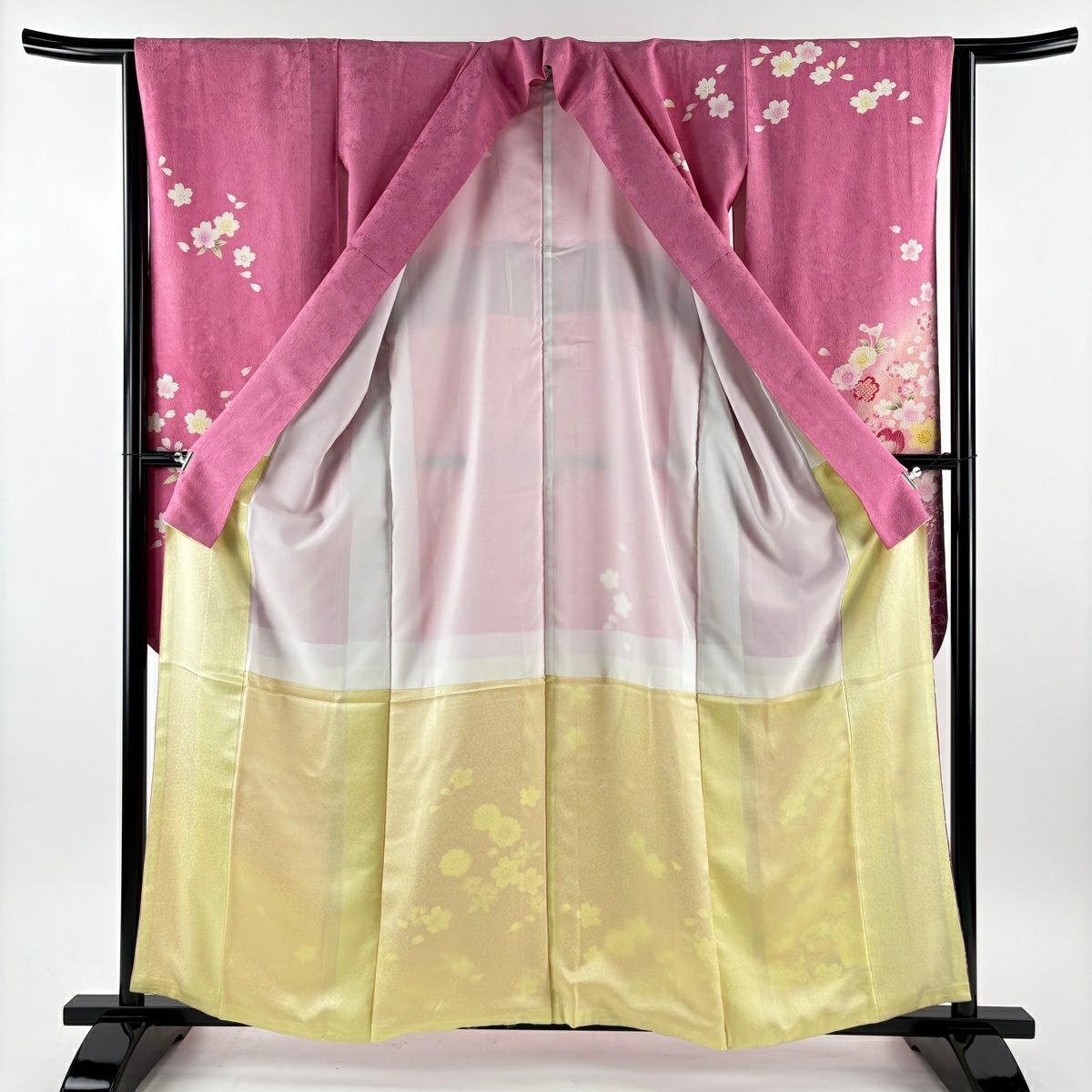 振袖禮服 身長160cm 袖長63.5cm S 雙層 櫻花 疋田 金銀彩 漸層 粉紅 純蠶絲 優品級