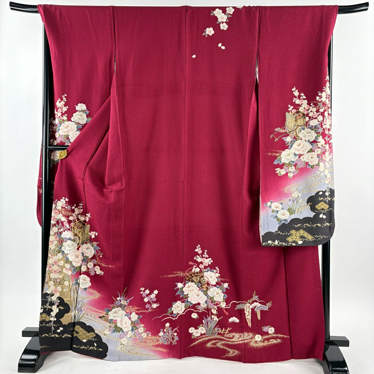 【美品】振袖禮服 身長167cm 袖長69.5cm L 雙層 御所車 草花紋 金絲 金銀彩 紅紫 純蠶絲 秀品級