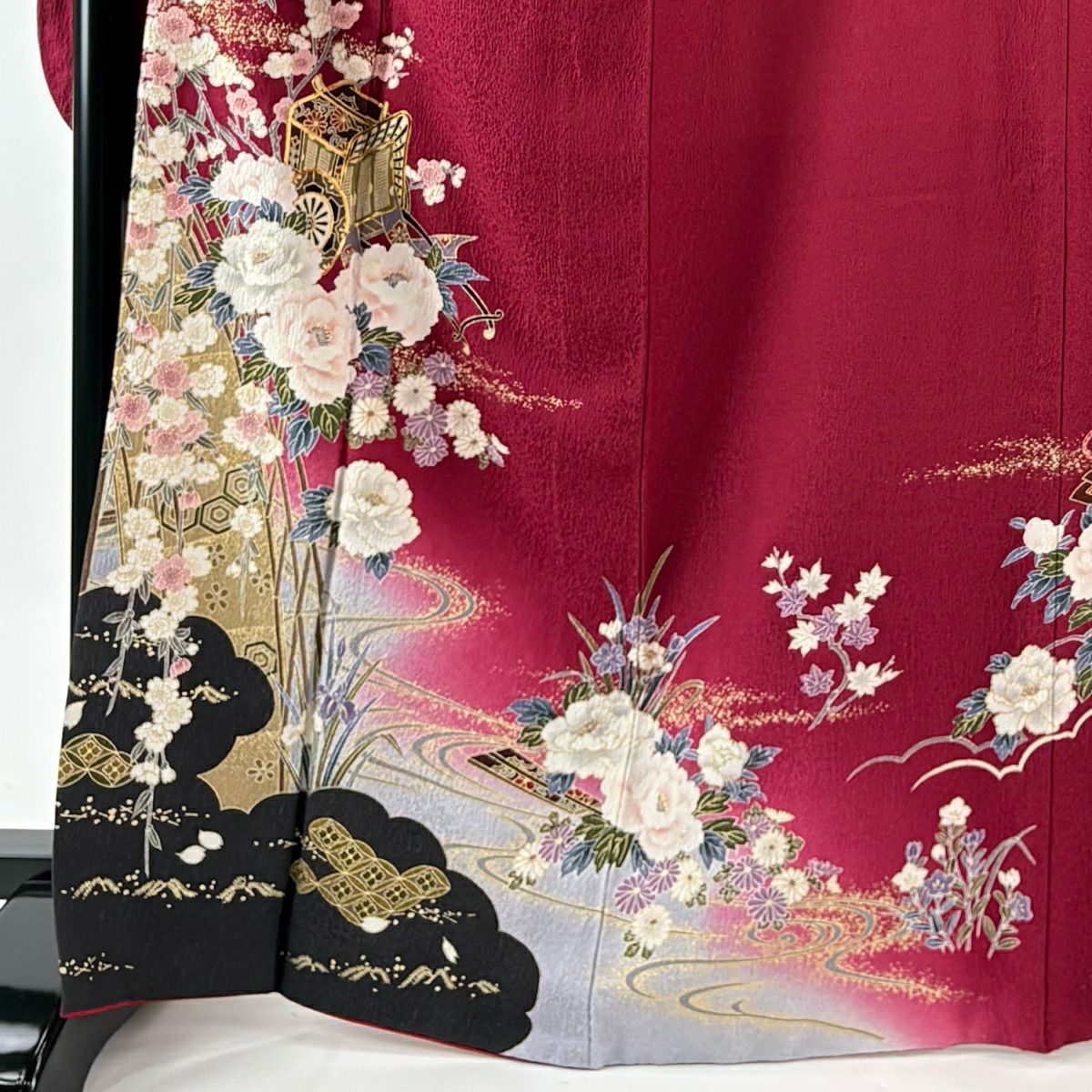 【美品】振袖禮服 身長167cm 袖長69.5cm L 雙層 御所車 草花紋 金絲 金銀彩 紅紫 純蠶絲 秀品級