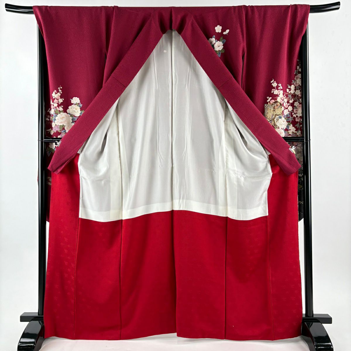 【美品】振袖禮服 身長167cm 袖長69.5cm L 雙層 御所車 草花紋 金絲 金銀彩 紅紫 純蠶絲 秀品級