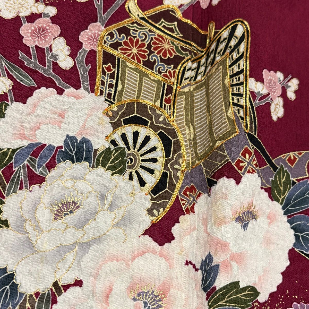 【美品】振袖禮服 身長167cm 袖長69.5cm L 雙層 御所車 草花紋 金絲 金銀彩 紅紫 純蠶絲 秀品級