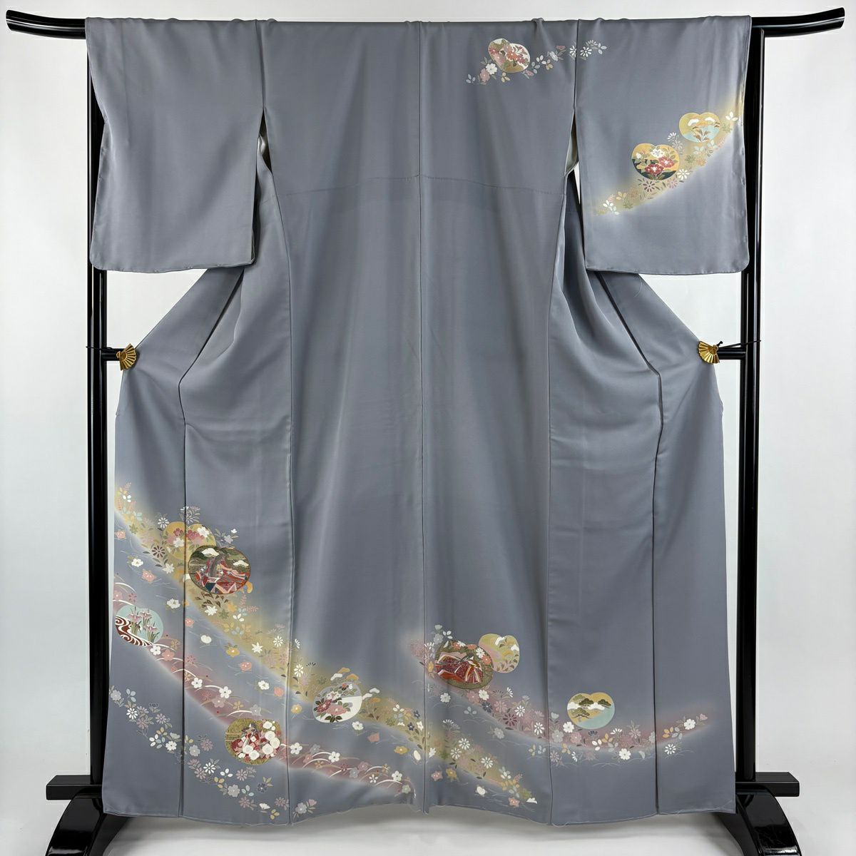 訪問服 身長163cm 袖長67cm M 雙層 團扇子 姫 金絲 金銀彩 灰 純蠶絲 秀品級