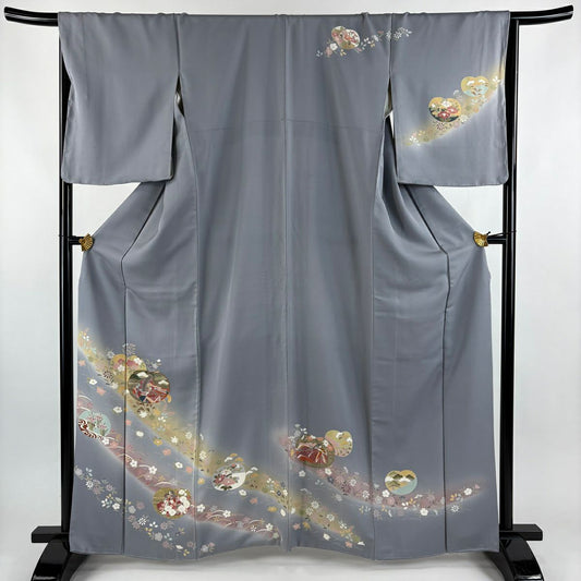 訪問服 身長163cm 袖長67cm M 雙層 團扇子 姫 金絲 金銀彩 灰 純蠶絲 秀品級