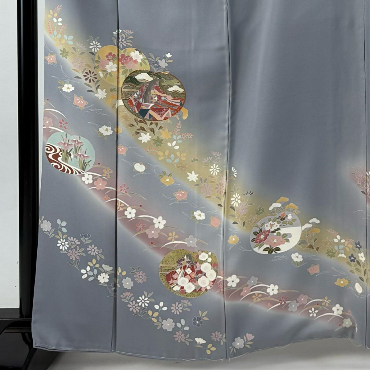 訪問服 身長163cm 袖長67cm M 雙層 團扇子 姫 金絲 金銀彩 灰 純蠶絲 秀品級