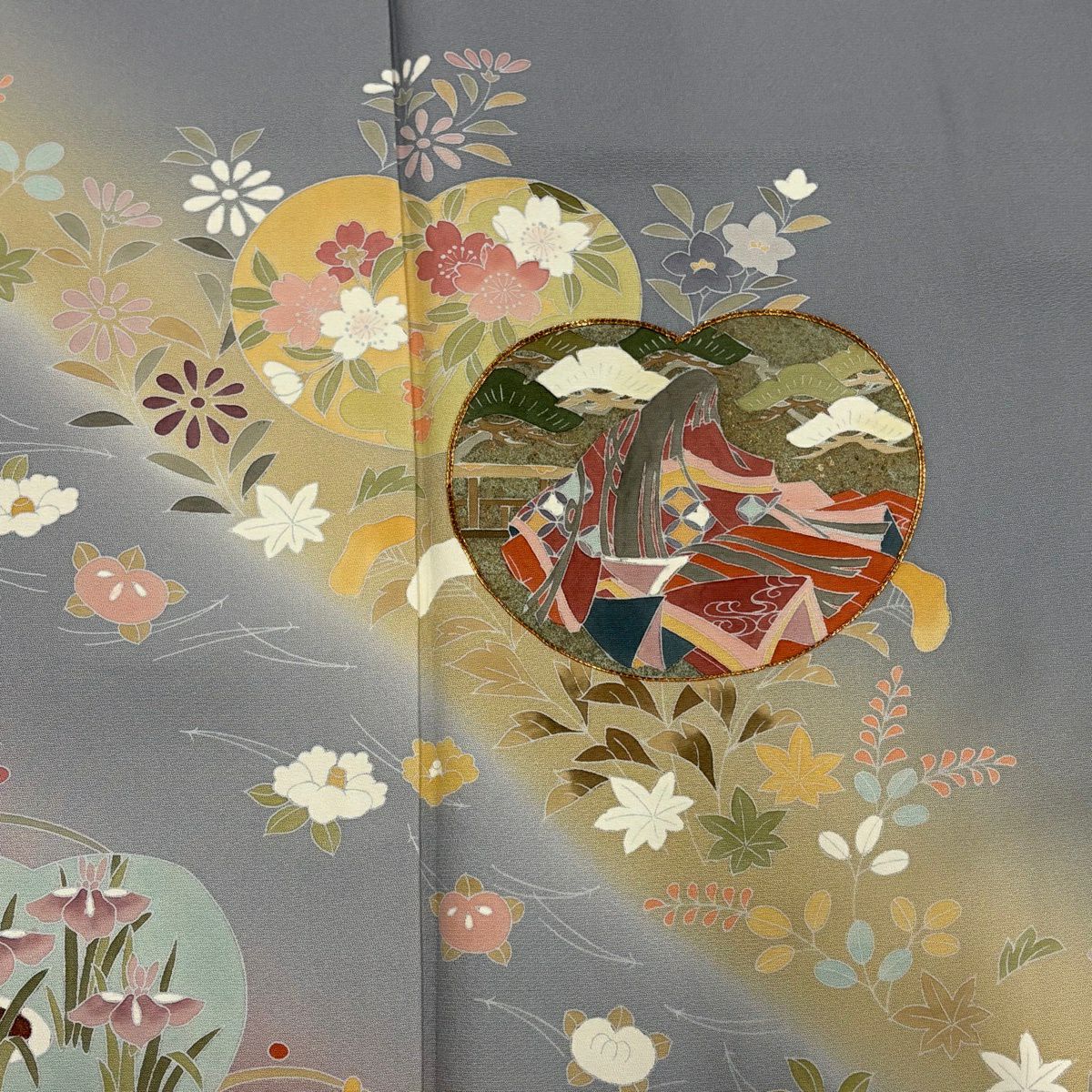 訪問服 身長163cm 袖長67cm M 雙層 團扇子 姫 金絲 金銀彩 灰 純蠶絲 秀品級