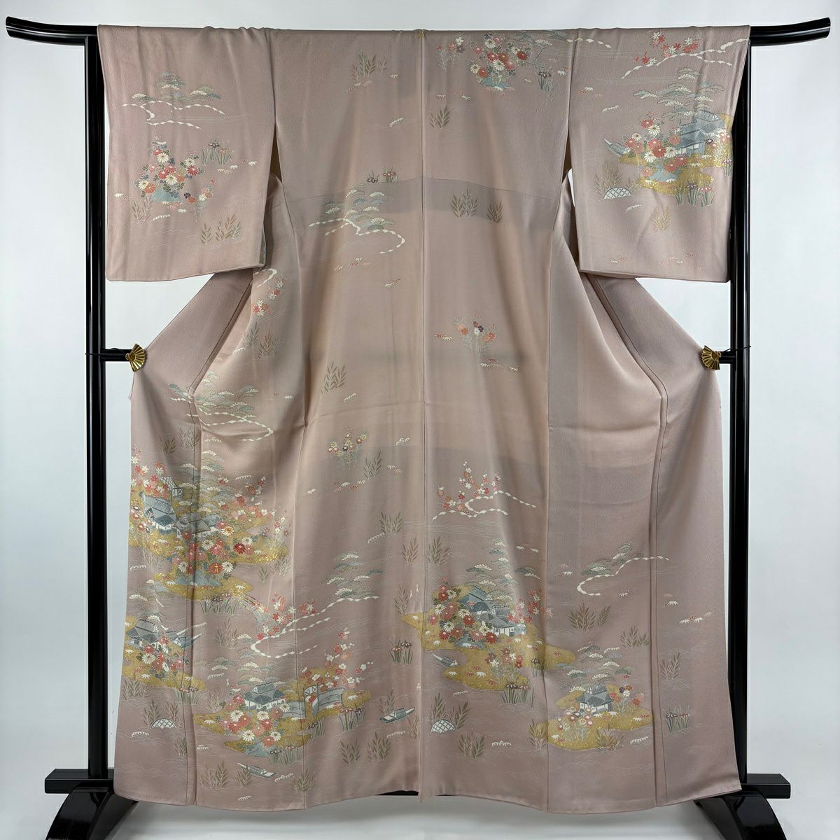 訪問服 身長160.5cm 袖長66cm M 雙層 家屋 菊花 金絲 金銀彩 淺粉色 純蠶絲 優品級 一個紋