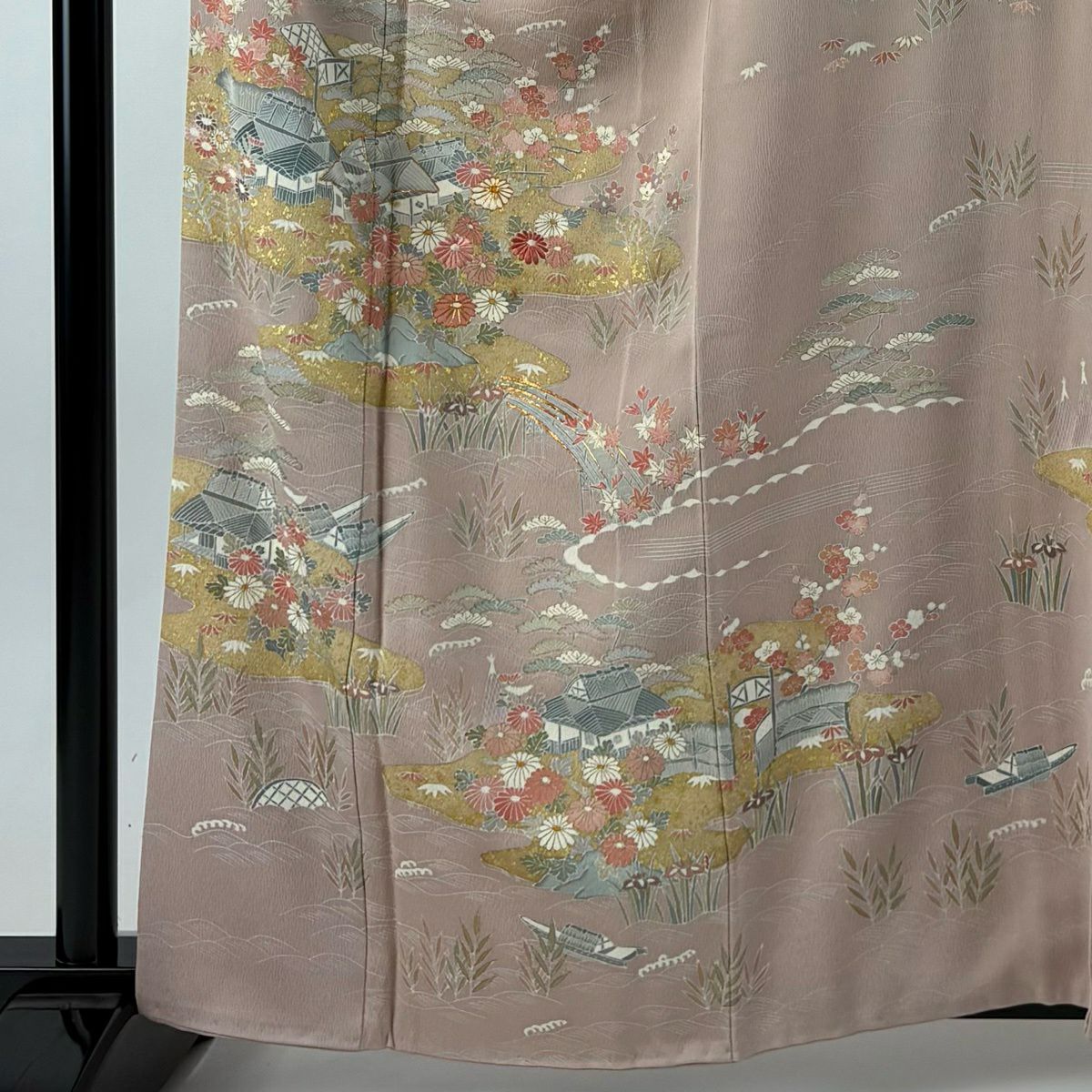 訪問服 身長160.5cm 袖長66cm M 雙層 家屋 菊花 金絲 金銀彩 淺粉色 純蠶絲 優品級 一個紋