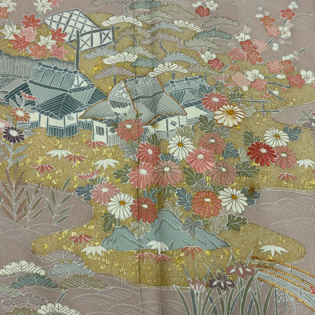 訪問服 身長160.5cm 袖長66cm M 雙層 家屋 菊花 金絲 金銀彩 淺粉色 純蠶絲 優品級 一個紋