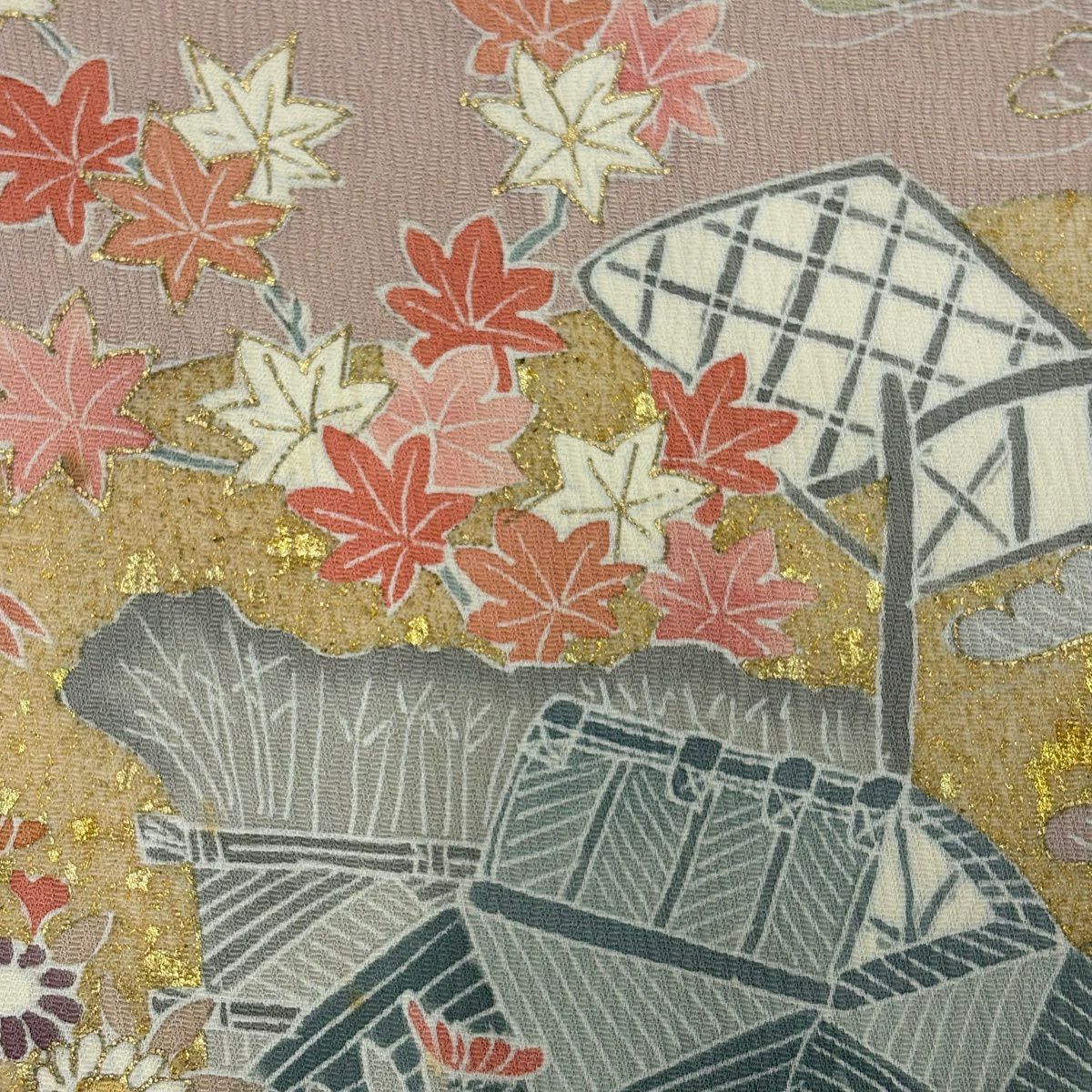 訪問服 身長160.5cm 袖長66cm M 雙層 家屋 菊花 金絲 金銀彩 淺粉色 純蠶絲 優品級 一個紋