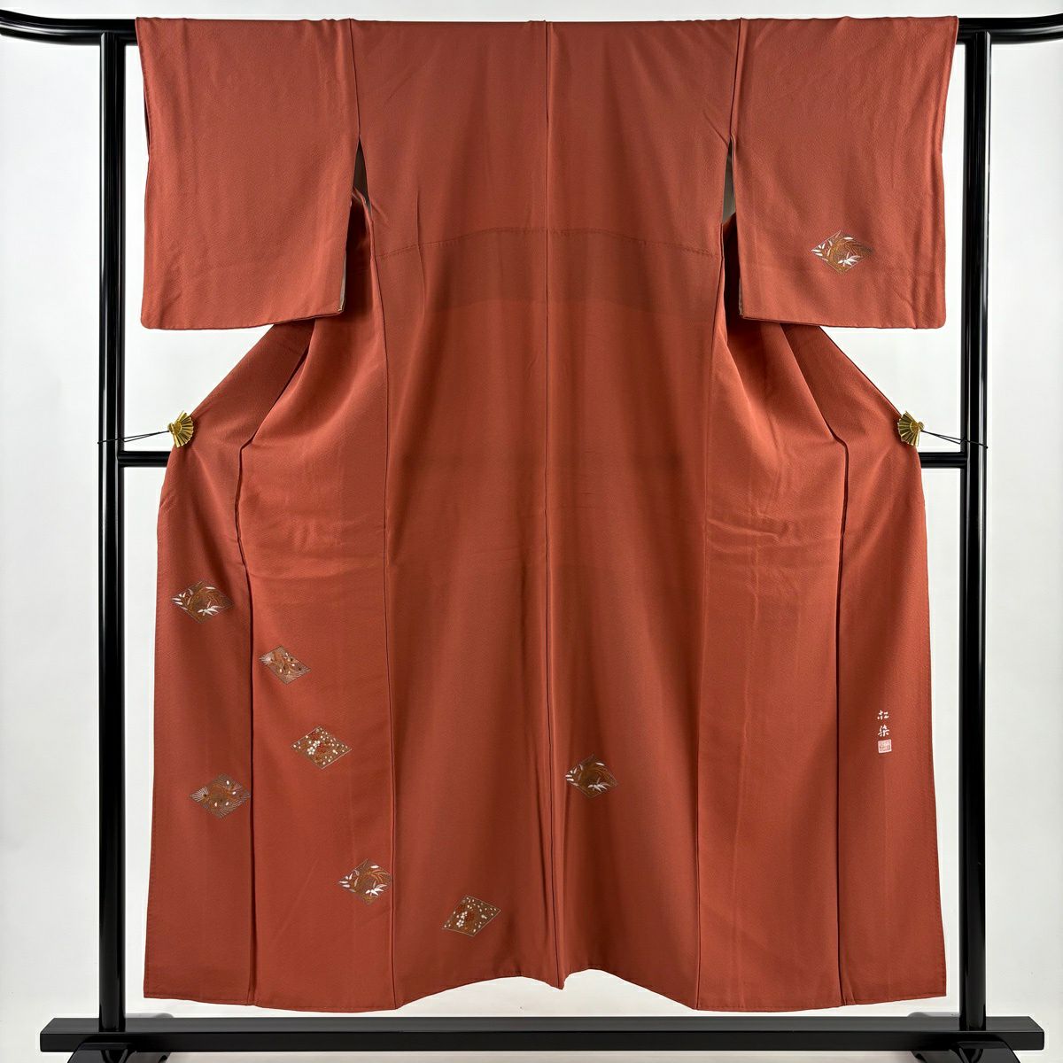 付下 身長151.5cm 袖長62cm S 雙層 落款あり 松樹竹子梅花 菱 金銀彩 刺繡 茜 純蠶絲 秀品級