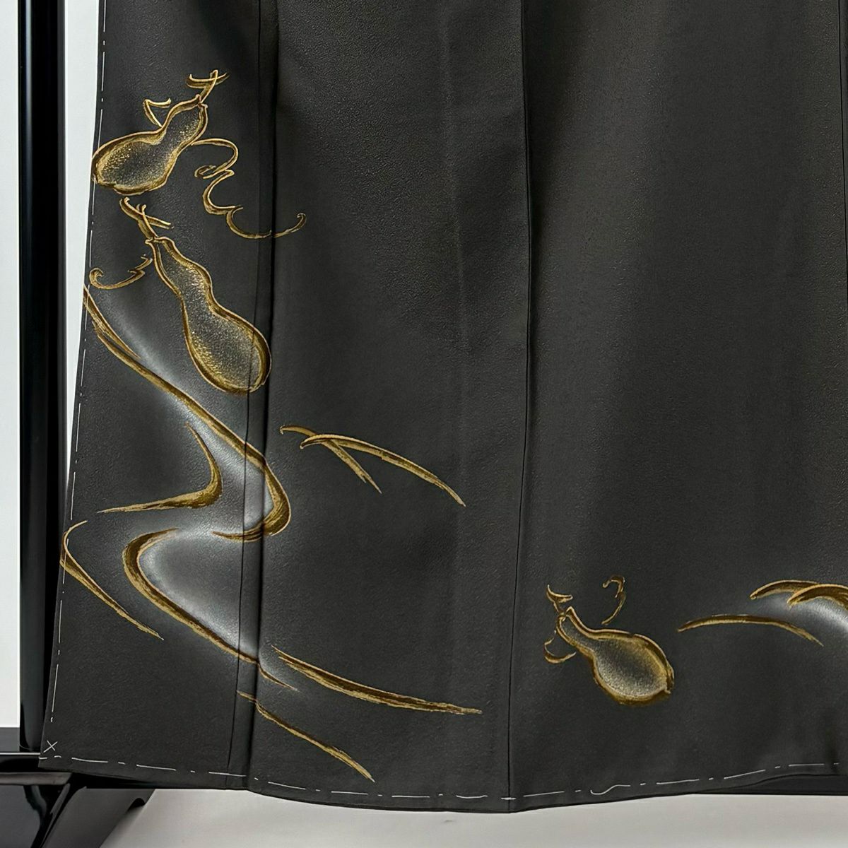 付下 身長158cm 袖長65cm M 雙層 落款有 瓢箪 流水 金金箔 金線 黑灰 純蠶絲 優品級