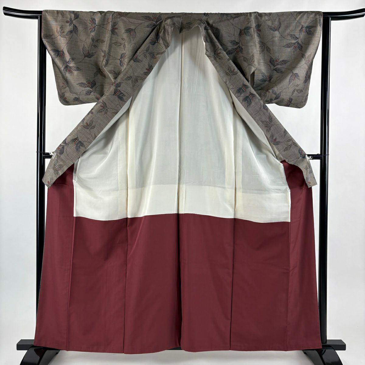 【美品】 紬織 身長161.5cm 袖長63.5cm S 雙層 葉與果 灰茶 純蠶絲 秀品級