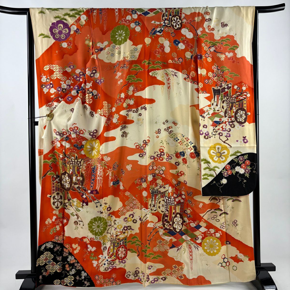 【美品】振袖禮服 身長165.5cm 袖長65cm M 雙層 御所車 草花紋 金絲 金銀彩 橙色 純蠶絲 秀品級
