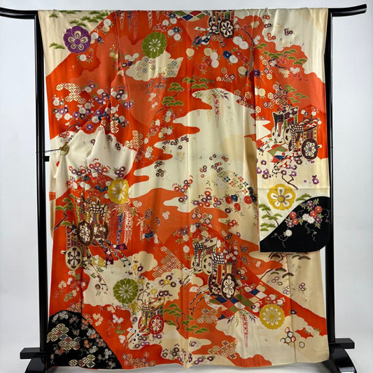 【美品】振袖禮服 身長165.5cm 袖長65cm M 雙層 御所車 草花紋 金絲 金銀彩 橙色 純蠶絲 秀品級