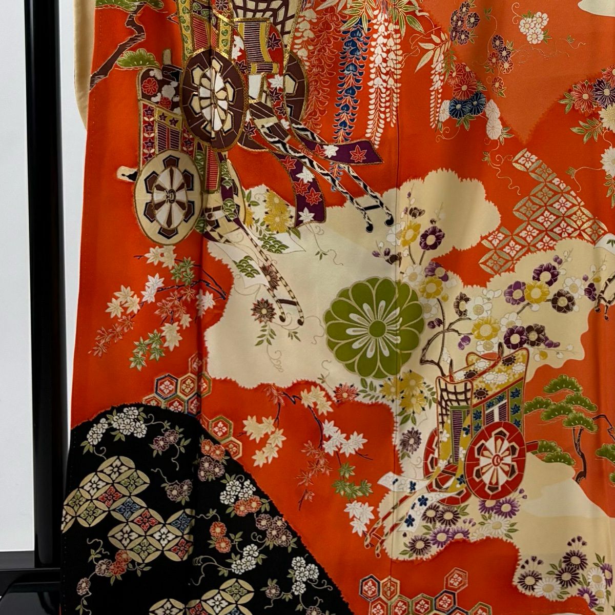 【美品】振袖禮服 身長165.5cm 袖長65cm M 雙層 御所車 草花紋 金絲 金銀彩 橙色 純蠶絲 秀品級