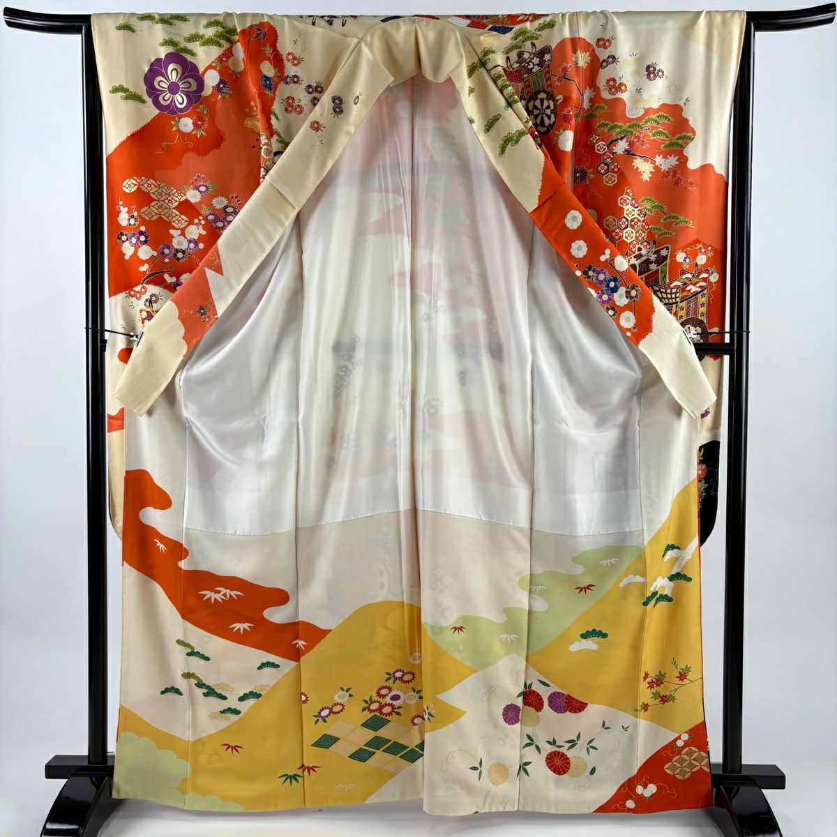 【美品】振袖禮服 身長165.5cm 袖長65cm M 雙層 御所車 草花紋 金絲 金銀彩 橙色 純蠶絲 秀品級